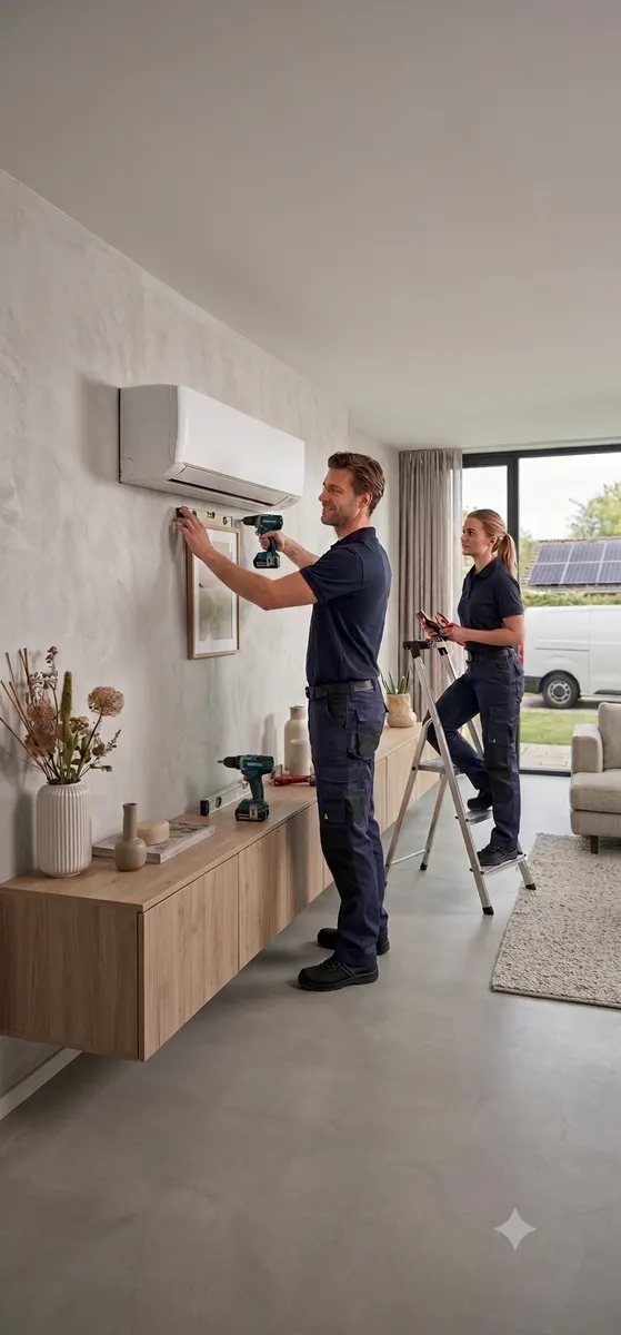 Gecertificeerde monteurs van Partners in Duurzaam installeren een split-airco in een moderne woonkamer